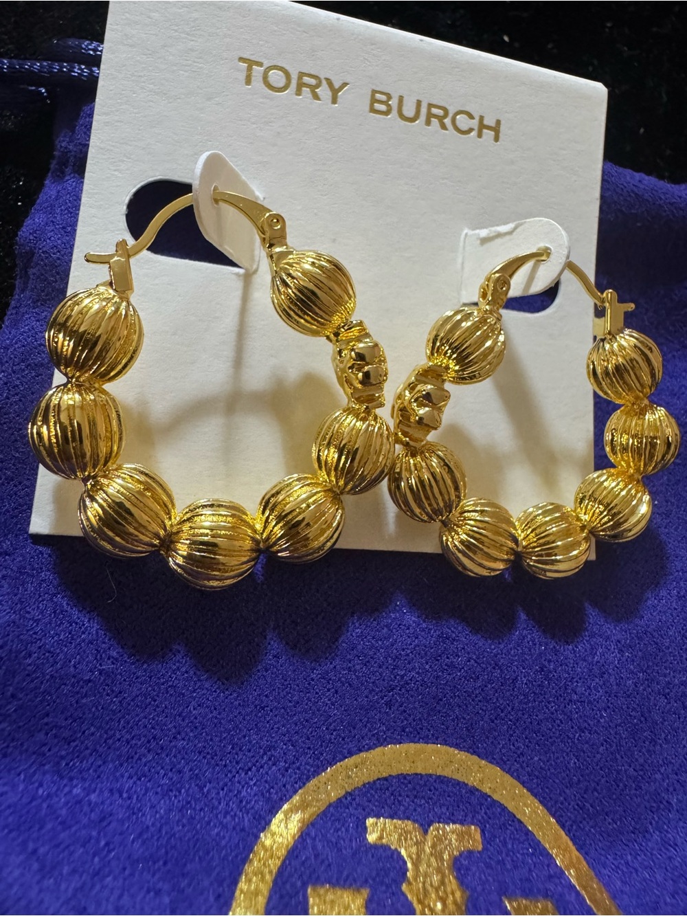 Tory Burch Textured Gold Bead Hoop Earrings